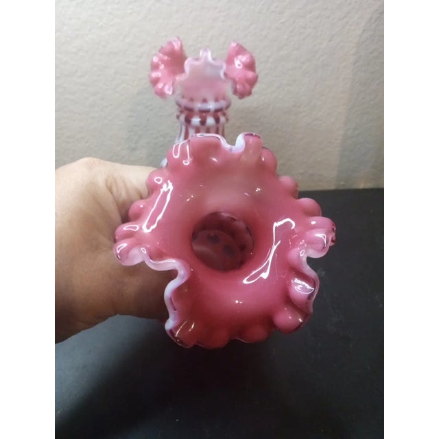 1960s Exquisite Pair of Fenton Cranberry Opalescent Coin Dot Crimped Edge Vases For Sale - Image 4 of 8