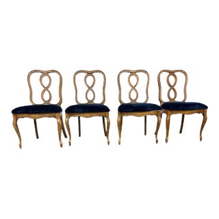 Drexel Mid 20th Century Pecan Wood French Country Dining Chairs With New Blue Velvet Upholstery - Set of 4 For Sale