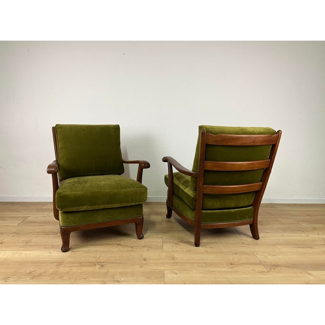 Set of Wooden and Green Velvet Chairs, 1950s For Sale - Image 3 of 9