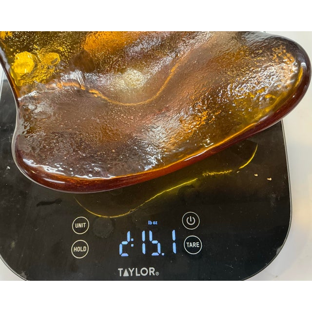 Mid-Century Blenko Wayne Husted Amber Freeform “Amoeba” Art Glass Bowl Sandblasted Makers Mark For Sale - Image 12 of 12
