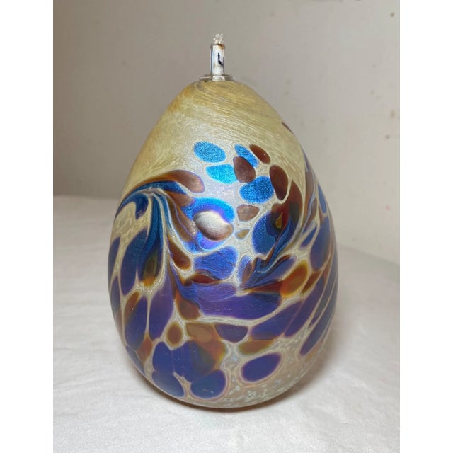 1990s Hand Blown Maytum Studio Art Glass Iridescent Aurene Egg Shaped Oil Lamp Vase For Sale - Image 4 of 14