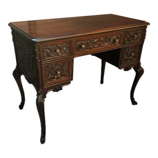 Early 20th Century Antique Victorian Carved Mahogany Flat Top Desk For Sale
