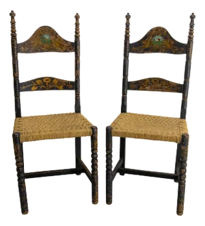 French Hand-Painted Side Chairs with Rush Seats, 19th Century, Set of 2