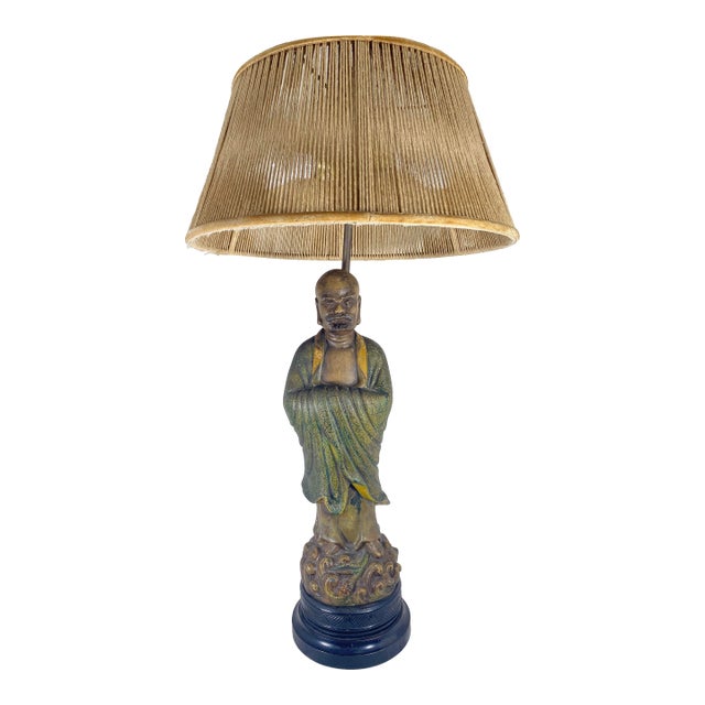 Vintage 1940s Monk Figurine Lamp With String Shade For Sale