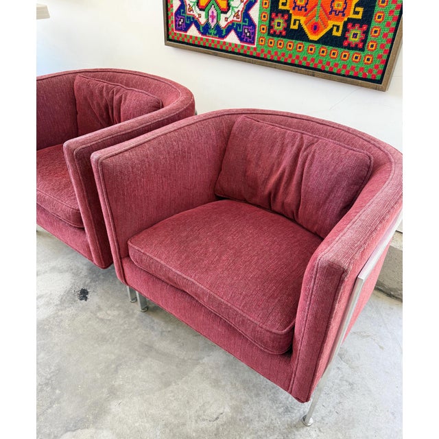 Maroon 1970’s in the Style of Harvey Probber - A Pair of Chrome 3 Legged Arm Chairs For Sale - Image 8 of 8