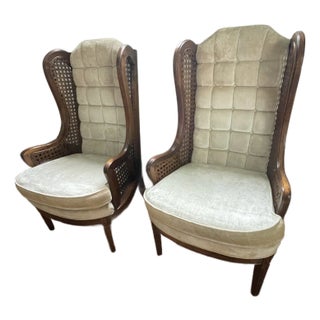 Caned Wingback Velvet Chairs Pair by LeWittes For Sale