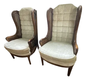 LeWittes 1970’s Caned Wingback Velvet Chairs Pair