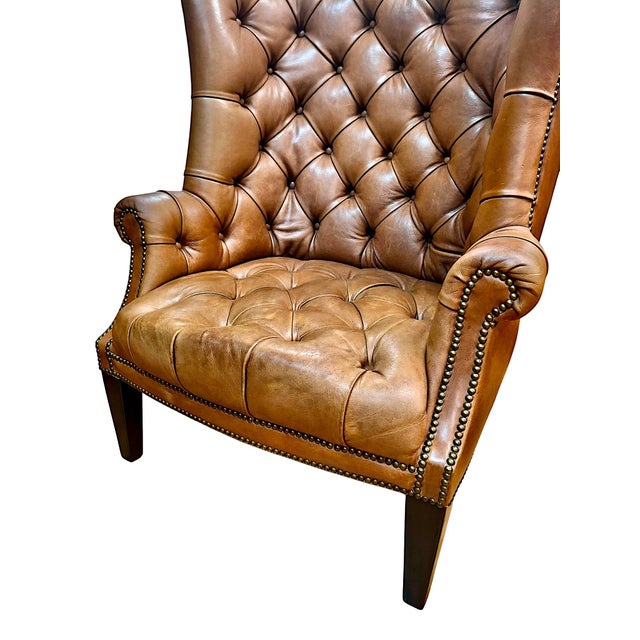 Camel Pair of High-Back, Barrel-Shape Tufted Leather Armchairs With Brass Nailhead Trim For Sale - Image 8 of 9