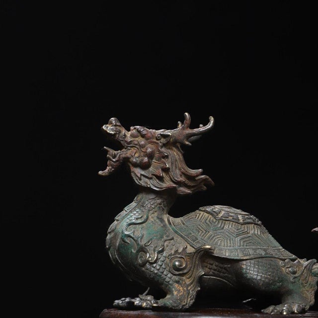 Metal Late 19th Century Gilt Bronze Dragon Turtle Statue on Wooden Stand, 1.5kg For Sale - Image 7 of 9