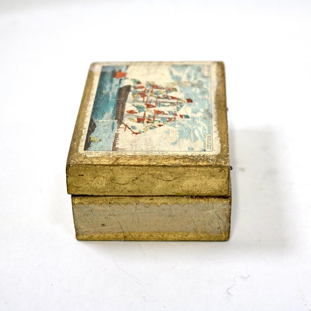 Florentia Early 20th Century Florentia King's Ship Dressed With Flags of Different Nations Decoupage Gilded Wooden Box For Sale - Image 4 of 15