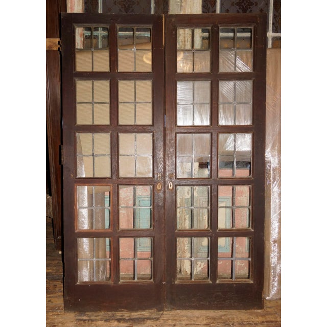 Antique Chestnut 10 Light French Doors With Leaded Glass Panes - A Pair For Sale In New York - Image 6 of 7