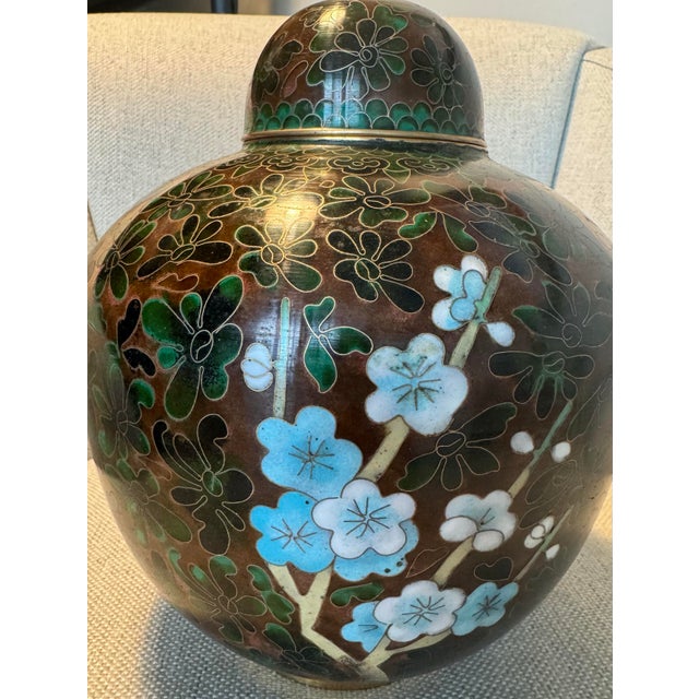 Chinese Extra-Large Mid-Century Chinese Cloisonné Ginger Jar With Detailed Chrysanthemum and Plum Flower Motifs For Sale - Image 3 of 10