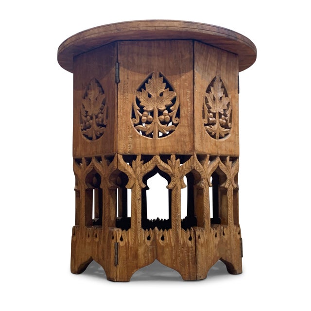 Antique Middle Eastern Circular Carved Table with Repetitive Brass Floral Patterns. Arabesque Tabletop Has A Central...