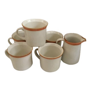 1980s Vintage Casual Classic Stoneware Mugs and Pitcher - Set of 6 For Sale