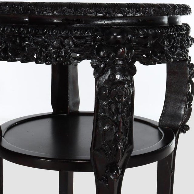 Chinese Floral Carved Rosewood Rouge Marble Top Stand C1910 Measures - 32" x 26 1/2" x 26 1/2" A Chinese stand from circa...