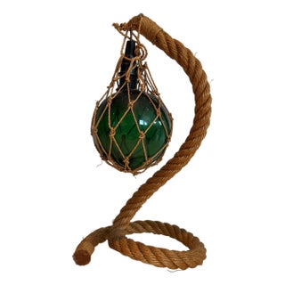 1950s Mid-Century Modern Rope and green glass table lamp by Adrien Audoux & Frida Minet (Audoux Minet) For Sale