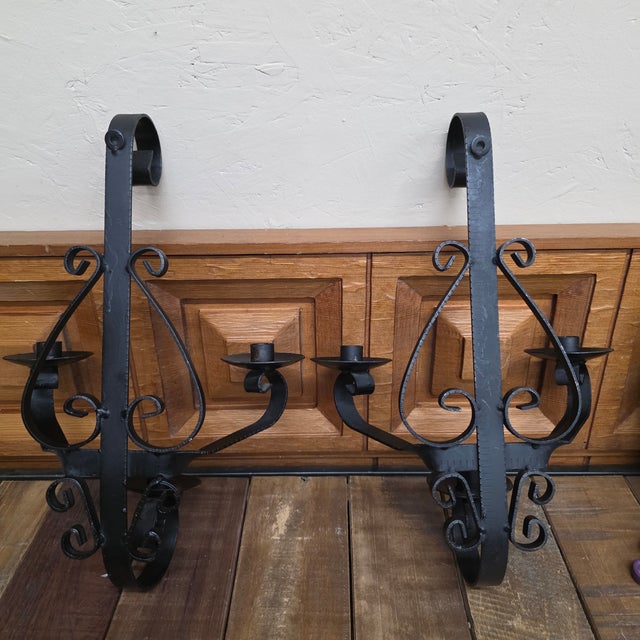 1960 Spanish Revival Three-Arm Wrought Iron Candle Sconces, Pair For Sale - Image 14 of 14