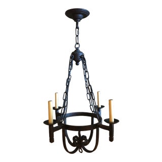 Vintage Late 20th Century Black Iron Four Arm Candlestick Chandelier For Sale