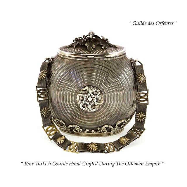 Arts & Crafts 1890 XIX Century Turkish Sterling Silver Gourde Chased in a Circular Guilloché With Chased Scrollwork For Sale - Image 3 of 7