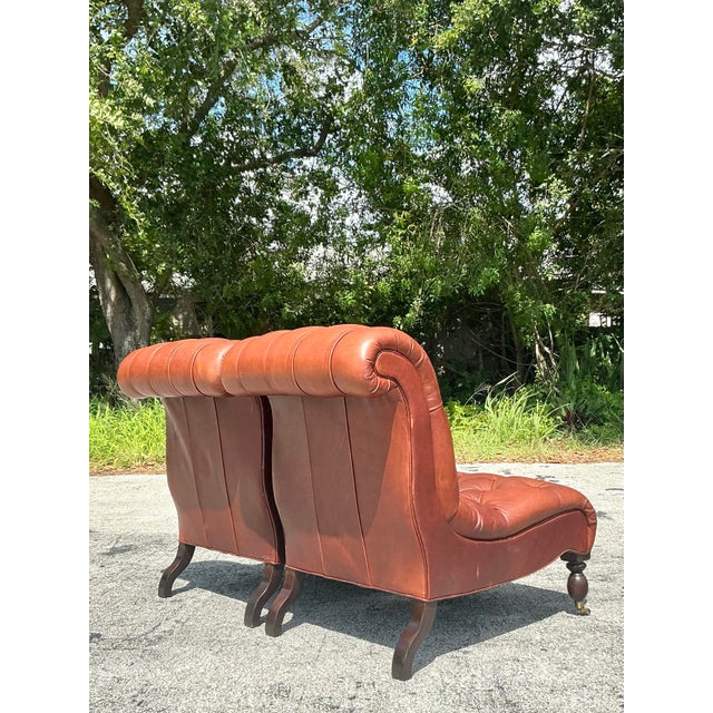 Vintage Boho Tufted Leather Slipper Chairs After George Smith- Set of 2 For Sale - Image 10 of 11