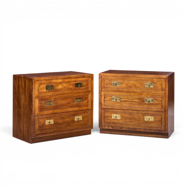 Mid-Century Modern Henredon Scene One Mid Century Oak and Brass Campaign Dresser Chests of Drawers - Pair For Sale - Image 3 of 12