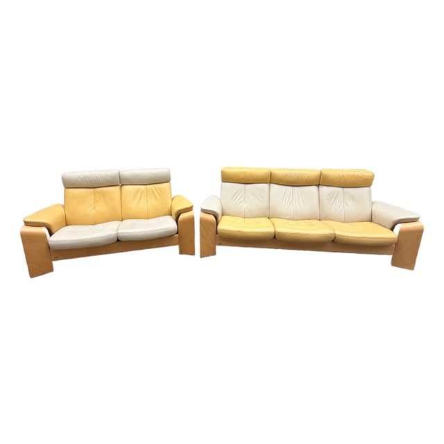 Ekornes Stressless Mid Century Modern Leather Reclining Sofa and Loveseat For Sale