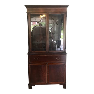 Late 19th Century Georgian Inlaid Mahogany Breakfront Bookcase With Drop Front Secretary Desk For Sale