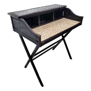 Vintage Customized Espresso Brown Wicker Leopard British Colonial Writing Desk For Sale