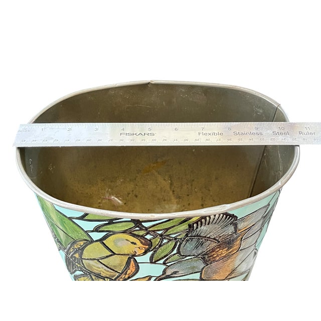 Vintage j.l. Clark Faux Stained Glass Bird & Foliage Metal Wastebasket, 1960s–70s For Sale In Jacksonville, FL - Image 6 of 8