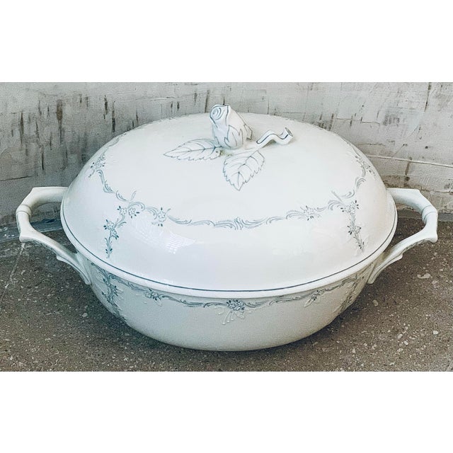 Vintage German Kaiser Rokokoform Dubarry ‘Midinette’ Porcelain Tureen in White With Blue Flowers, Embossed Scrolls & Rosebud Finial Handle on Lid For Sale - Image 9 of 12