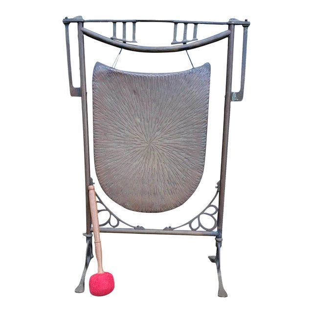 Art Nouveau Gong Brass & Hammered Copper For Sale