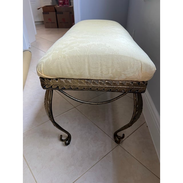 Vintage Metal Base Bench Yellow Damask Fabric Seat For Sale In West Palm - Image 6 of 9