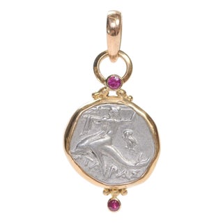 15th Century Naked Taras Didrachm Pendant W 18k Gold For Sale