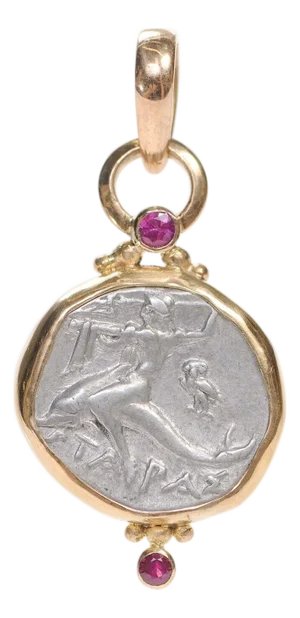 15th Century Naked Taras Didrachm Pendant W 18k Gold
