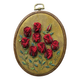 3d Rose Stumpwork Embroidery Art, Framed Botanical Sculpture, Handmade Floral Wall Decor For Sale