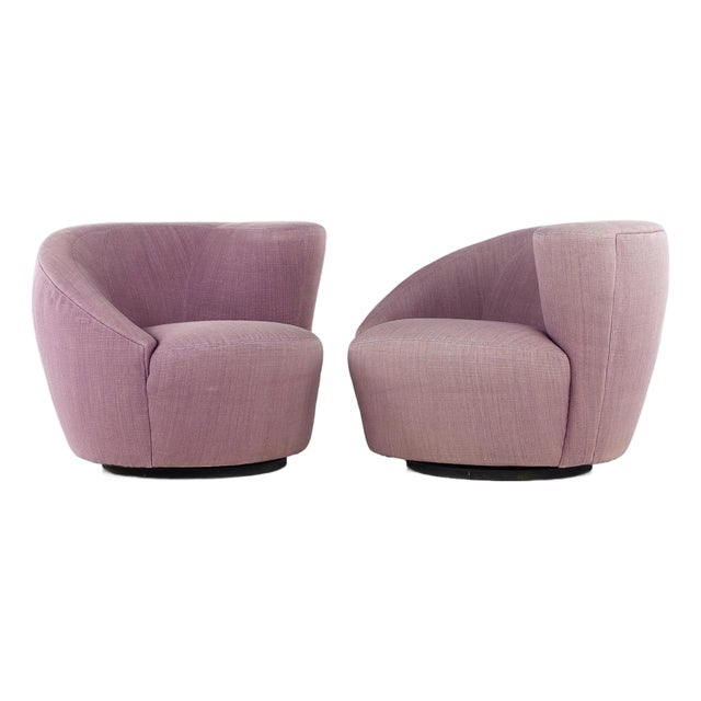 Vladimir Kagan Style Mid Century Nautilus Purple Swivel Lounge Chairs - Pair For Sale