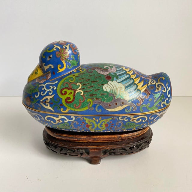 Vintage Cloisonné Duck Box With Stand Blue Asian Chinoiserie Chairish