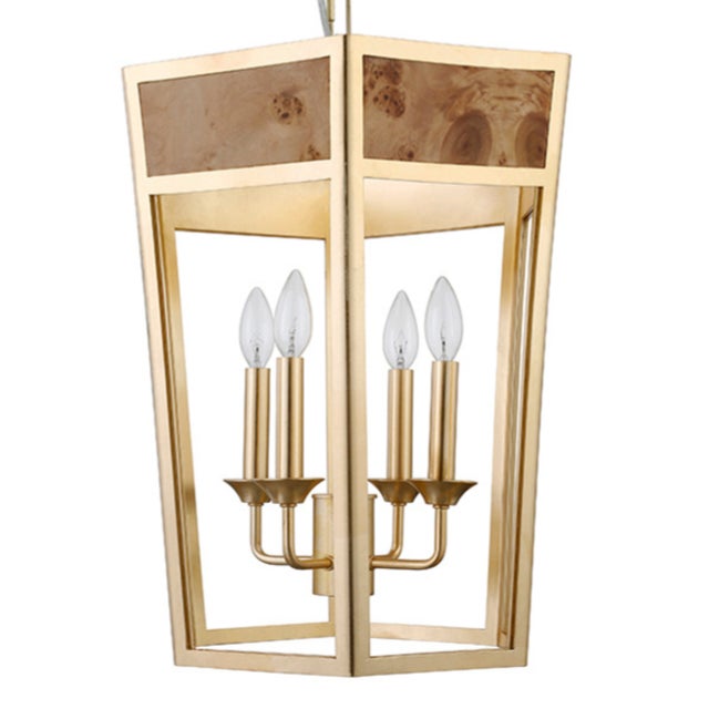 Wood Matthew Izzo Home Ren Gold Metal Hexagon Lantern Style Pendant Light With Inset Burlwood For Sale - Image 7 of 7