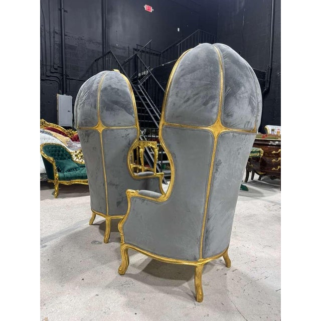 1990s French Balloon Chair – Gray Velvet High-Back Canopy Chair For Sale - Image 5 of 10