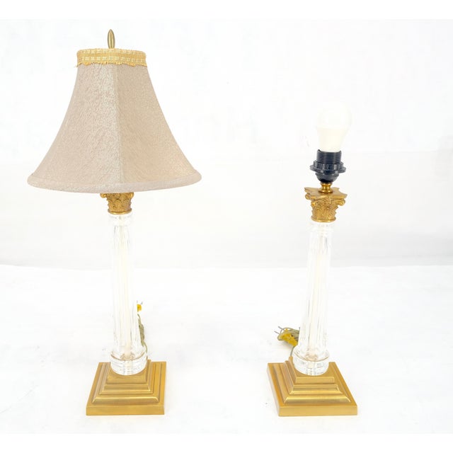 960'sPair of Crystal & Square Brass Bases Ornate Shades 25" Tall Table Lamps For Sale - Image 13 of 15