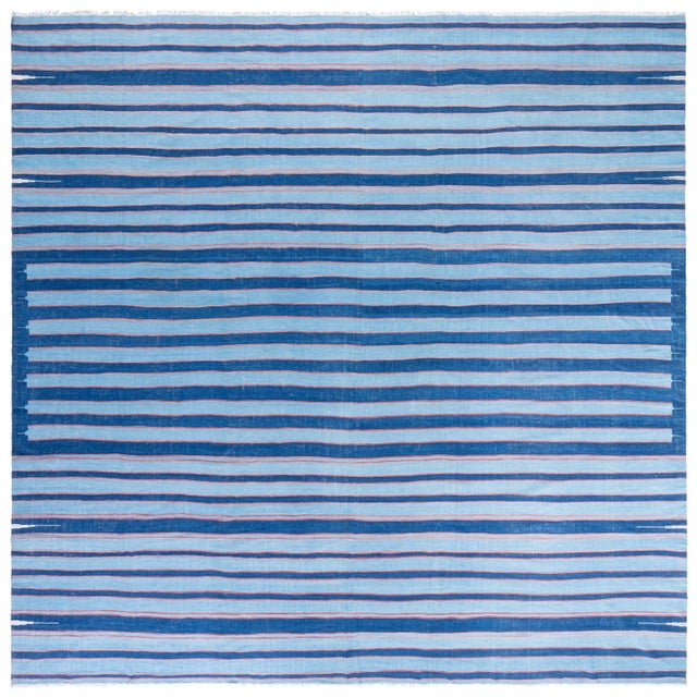 Doris Leslie Blau Dhurrie Mid-Century Blue With Navy Blue Flatweave Cotton Rug For Sale