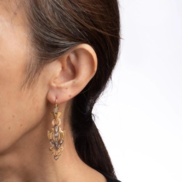 Victorian Antique Victorian 2ct Diamond Earrings 14k Yellow Gold Long 2" Drops Day Night - 2 Pieces For Sale - Image 3 of 4