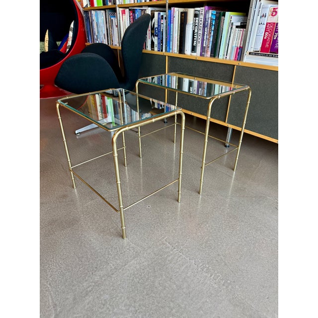 1970s Vintage Mid Century Modern Faux Bamboo Brass Glass Nesting Tables Set 1970s Hollywood Regency For Sale - Image 5 of 17