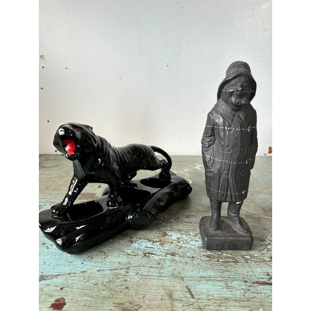 Vintage Ceramic Black Panther on Log Planter | Chairish