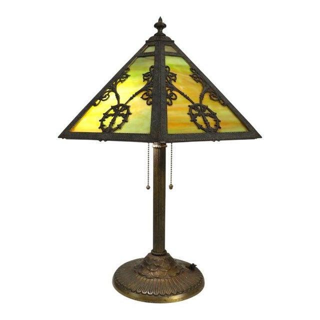 Arts & Crafts Rainaud 6 Panel Slag Glass Lamp, Manner of Bradley & Hubbard C1920 For Sale - Image 10 of 12