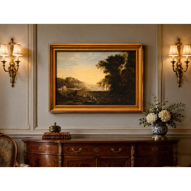 Follower of Claude Lorrain, Merchants on the River Po, 1800s, Oil Painting on Canvas, Framed For Sale - Image 9 of 11