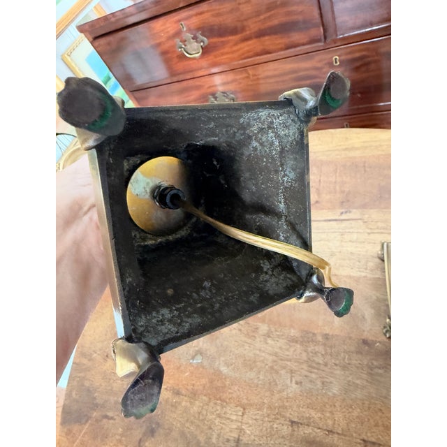 Late 20th Century Classic Aged Brass and Black Candlestick Lamps With Paw Feet and Black Parchment Shades - Pair For Sale - Image 6 of 7