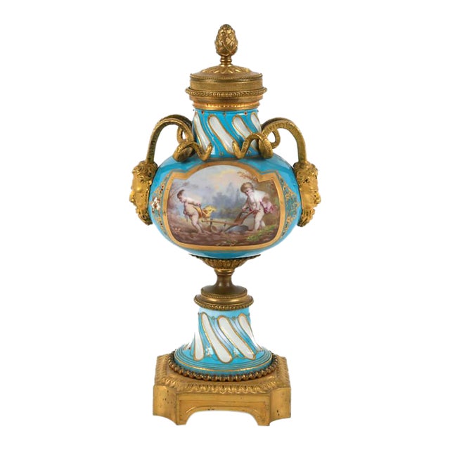 19th Century Sèvres-Style Hand-Painted Gilt Bronze and Porcelain Urn For Sale