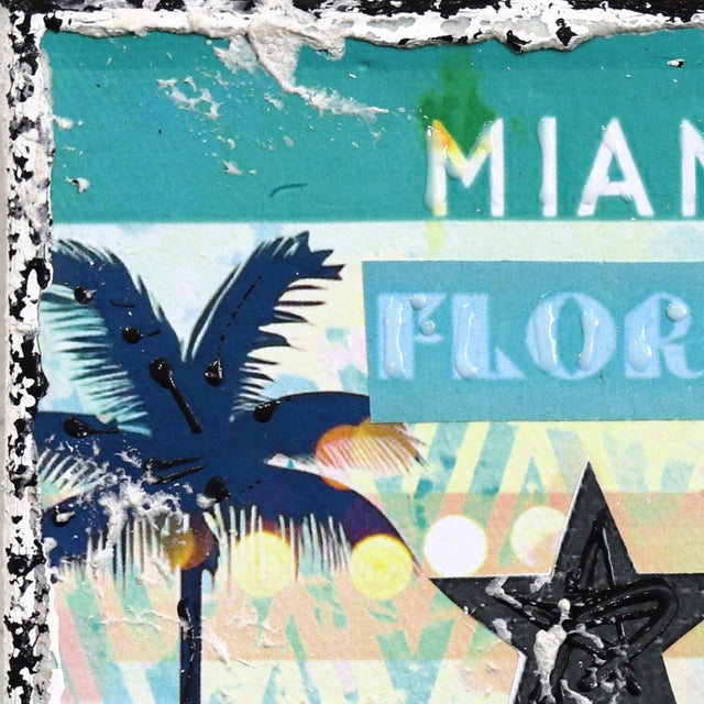 Teal Miami Postcard - Original Mixed Media Pop Art Miami Cityscape on Canvas by Marion Duschletta For Sale - Image 8 of 10