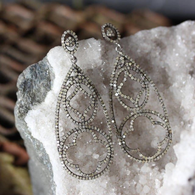 Metal Pave Diamond Earrings 925 Sterling Silver Drop Earrings for Her Beautiful Gift, A Pair For Sale - Image 7 of 12